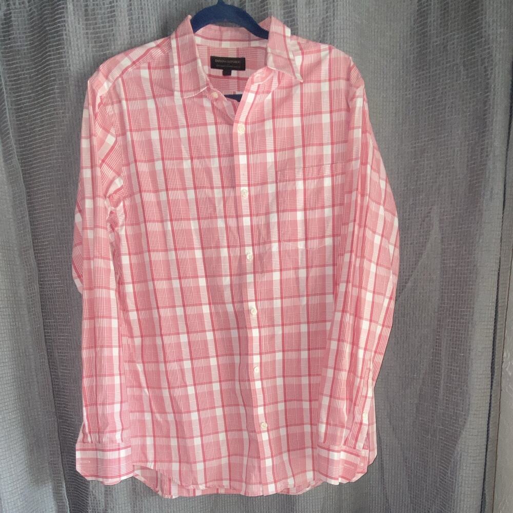 Banana Republic Men’s L Slim Soft Wash Pink White Plaid Button-Up LS
